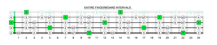 DCAGE4BASS D dorian mode fretboard intervals
