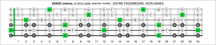 AGEDC octaves drop D fretboard A minor scale notes