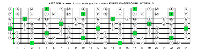 AF#GEDB octaves fretboard A minor scale intervals