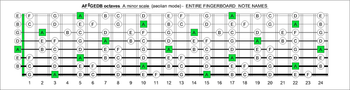 AF#GEDB octaves fretboard A minor scale notes
