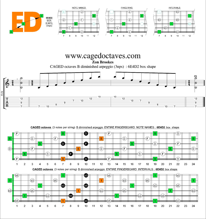CAGED octaves B diminished arpeggio (3nps) : 6E4D2 box shape