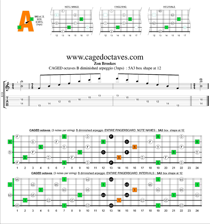 CAGED octaves B diminished arpeggio (3nps) : 5A3 box shape at 12