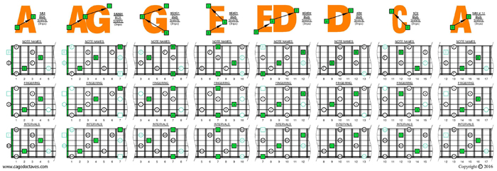 CAGED octaves B diminished arpeggio (3nps) box shapes