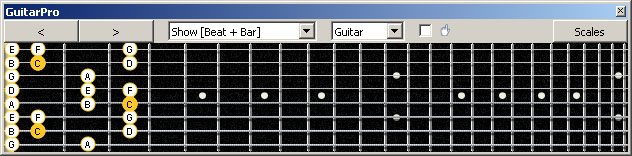 GuitarPro6 C ionian mode (major scale) : 7B5B2 box shape