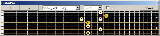 GuitarPro6 (7-string Drop A) C major arpeggio: 4D2 box shape