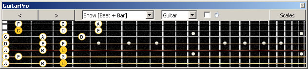 GuitarPro6 (7 string Drop A) 3nps C ionian mode (major scale) : 7B5B2 box shape