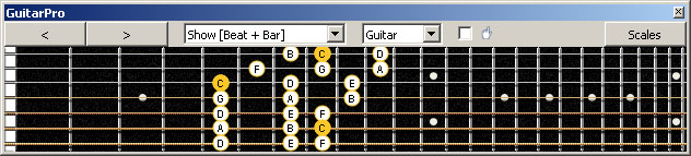 GuitarPro6 (7 string Drop A) 3nps C ionian mode (major scale) : 6G3G1 box shape