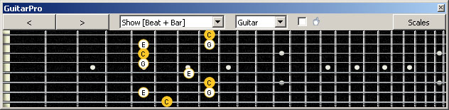 GuitarPro6 (8 string : Low G) C major arpeggio : 8F#6G3G1 box shape