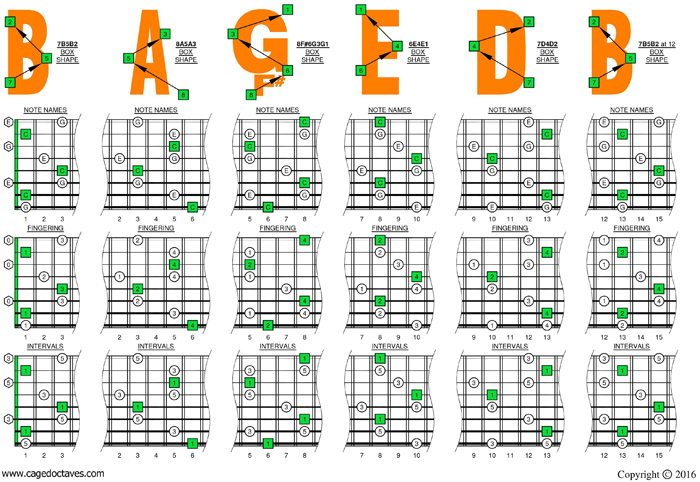 BAF#GED Low G: 8 string - C major arpeggio box shapes
