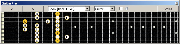 GuitarPro6 (8 string : Drop E) A minor scale (aeolian mode) : 8Gm6Gm3Gm1 box shape