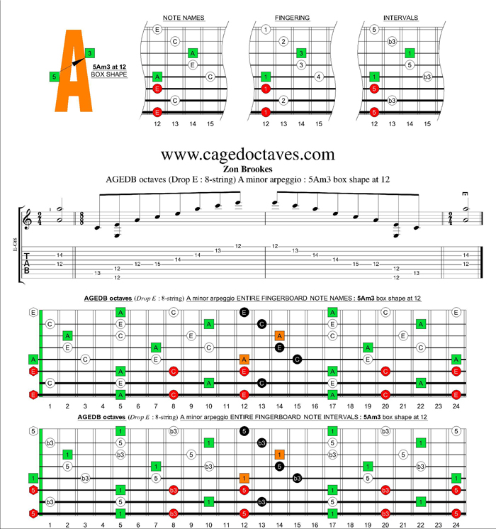 AGEDB octaves (8-string : Drop E) A minor arpeggio : 5Am3 box shape at 12