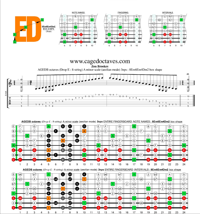 AGEDC octaves (8-string : Drop E) A minor scale (aeolian mode) 3nps : 8Em6Em4Dm2 box shape