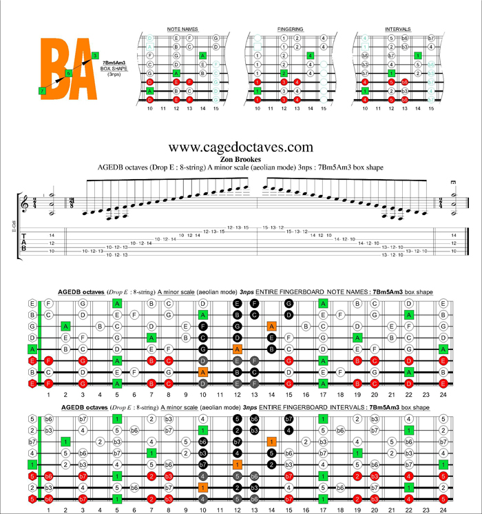 AGEDC octaves (8-string : Drop E) A minor scale (aeolian mode) 3nps : 7Bm5Am3 box shape
