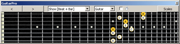 GuitarPro6 (8 string : Drop E) A minor arpeggio (3nps) : 5Am3Gm1 box shape at 12