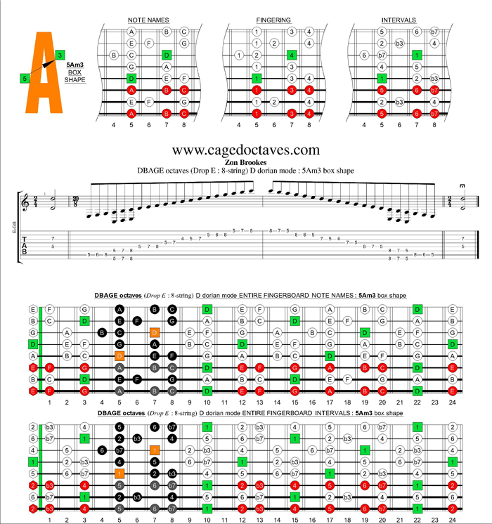 DBAGE octaves (8-string : Drop E) D dorian mode : 5Am3 box shape