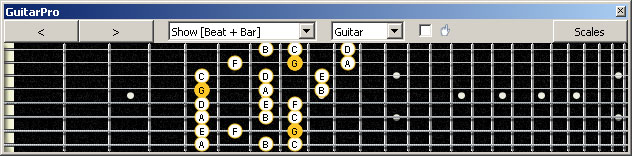 GuitarPro6 (8 string : Drop E) G mixolydian mode 3nps : 7D4D2 box shape