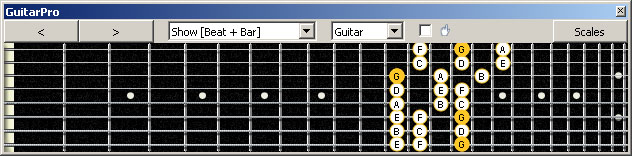 GuitarPro6 (8 string : Drop E) G mixolydian mode 3nps : 8G6G3G1 box shape at 12