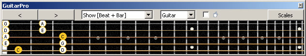 GuitarPro6 fingerboard C pentatonic major scale : 5B3 box shape