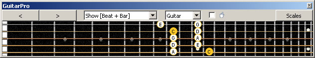 GuitarPro6 fingerboard C pentatonic major scale : 5D2 box shape