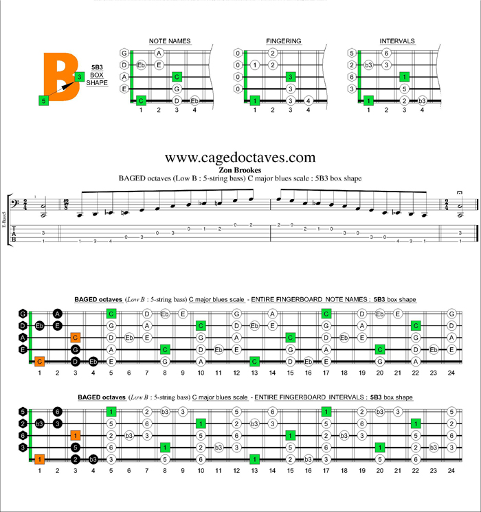BAGED octaves (5-string bass : Low B) C major blues scale : 5B3 box shape