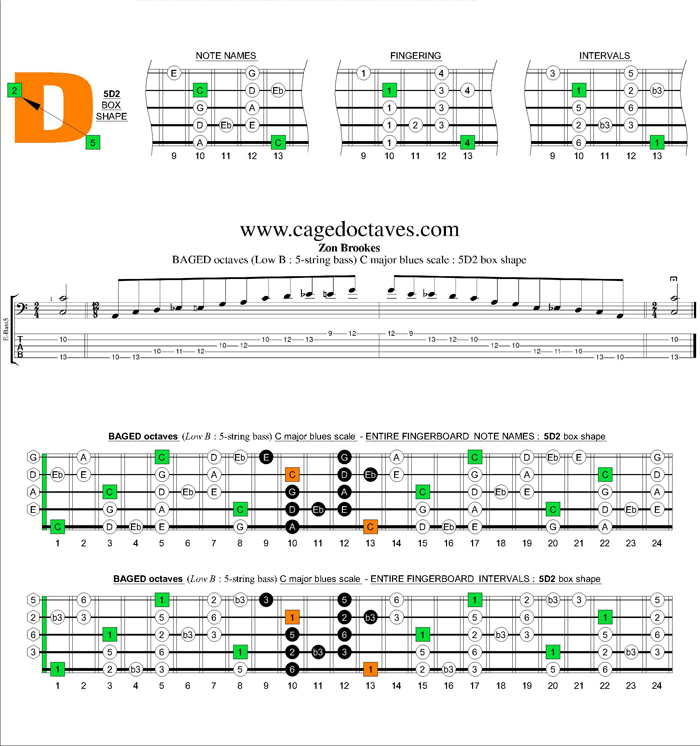 BAGED octaves (5-string bass : Low B) C major blues scale : 5D2 box shape