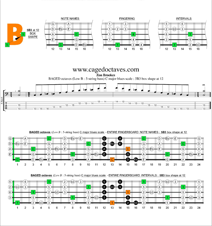 BAGED octaves (5-string bass : Low B) C major blues scale : 5B3 box shape at 12