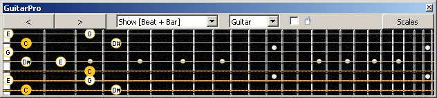 GuitarPro6 (7-string guitar : Low B tuning) C major-minor arpeggio : 7B5B2 box shape