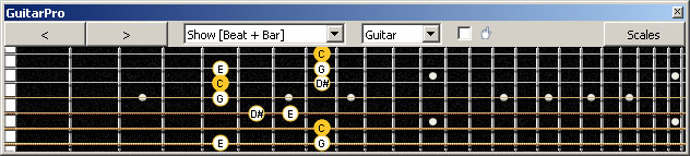 GuitarPro6 (7-string guitar : Low B tuning) C major-minor arpeggio : 6G3G1 box shape