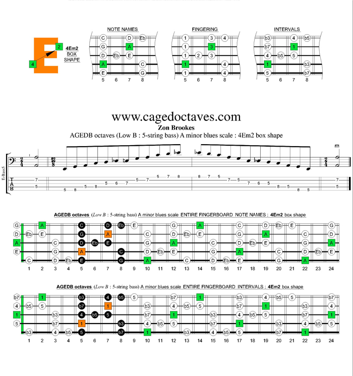 AGEDB octaves A minor blues scale : 4Em2 box shape