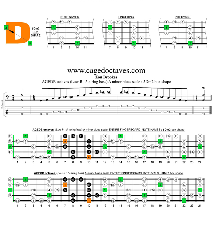AGEDB octaves A minor blues scale : 5Dm2 box shape
