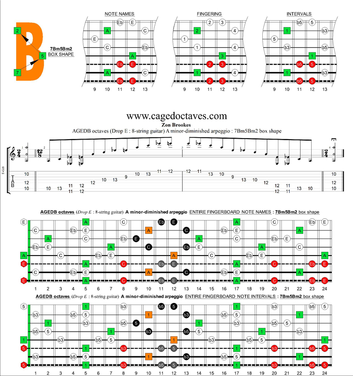 AGEDC octaves (8-string guitar : Drop E) A minor-diminished arpeggio : 7Bm5Bm2 box shape
