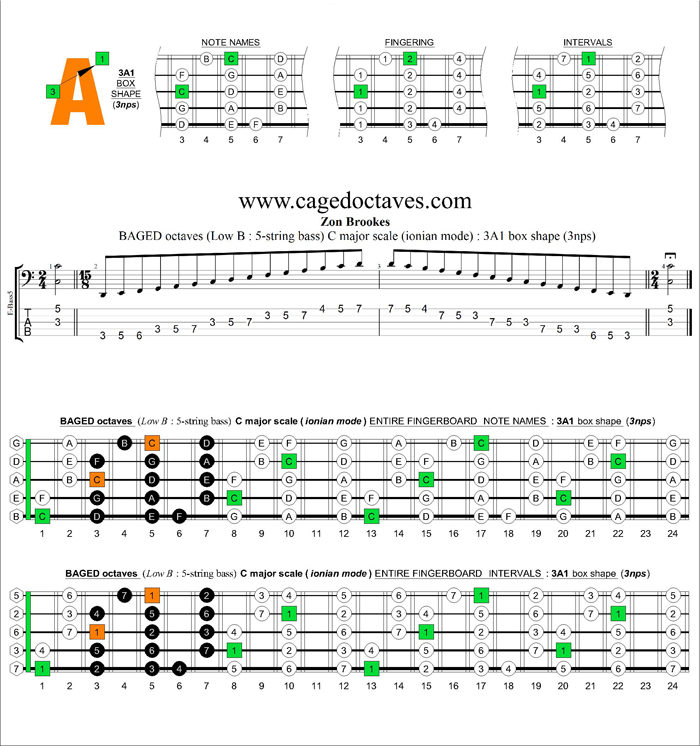 5-String Bass (Low B) C major scale (ionian mode) 3nps : 3A1 box shape