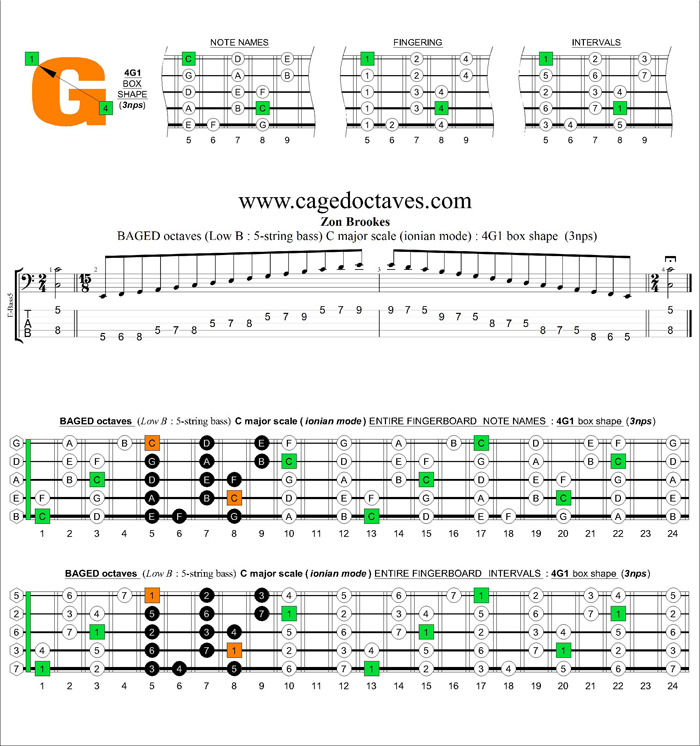 5-String Bass (Low B) C major scale (ionian mode) 3nps : 4G1 box shape