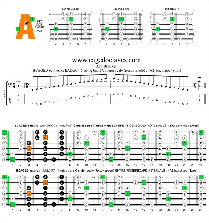 6-string bass (Low B) C major scale (ionian mode) : 4A2 box shape (3nps)