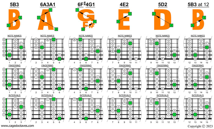BAF#GED octaves 6-string bass (F#0 standard - F#BEADG) C major scale (ionian mode) box shapes