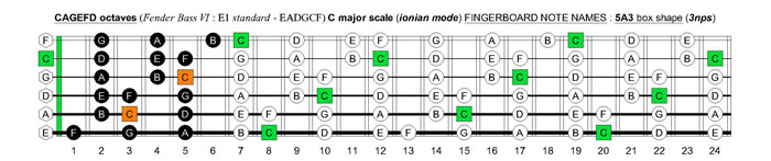 CAGEFD octaves Fender Bass VI (E1 standard - EADGCF) C major scale (ionian mode): 5A3 box shape (3nps)