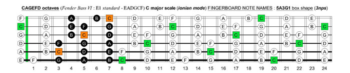 CAGEFD octaves Fender Bass VI (E1 standard - EADGCF) C major scale (ionian mode): 5A3G1 box shape (3nps)