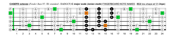 CAGEFD octaves Fender Bass VI (E1 standard - EADGCF) C major scale (ionian mode): 5C2 box shape at 12 (3nps)