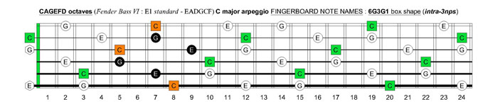 CAGEFD octaves Fender Bass VI (E1 standard - EADGCF) C major arpeggio : 6G3G1 box shape (intra-3nps)