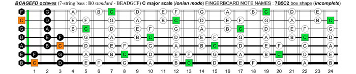 BCAGEFD octaves 7-string bass (B0 standard - BEADGCF) C major scale (ionian mode) : 7B5C2 box shape (incomplete)
