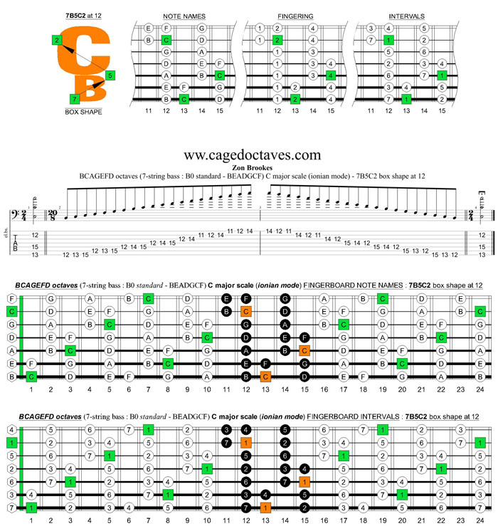 BCAGEFD octaves 7-string bass (B0 standard - BEADGCF) C major scale (ionian mode) : 7B5C2 box shape at 12
