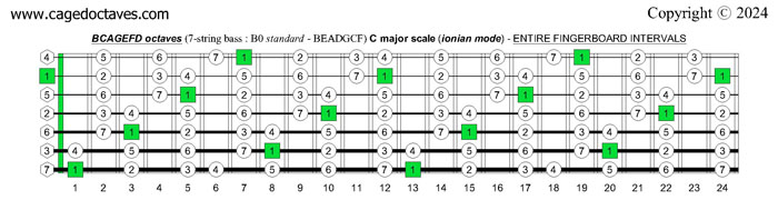 BCAGEFD octaves 7-string bass (B0 standard - BEADGCF) : C major scale (ionian mode) fingerboard intervals