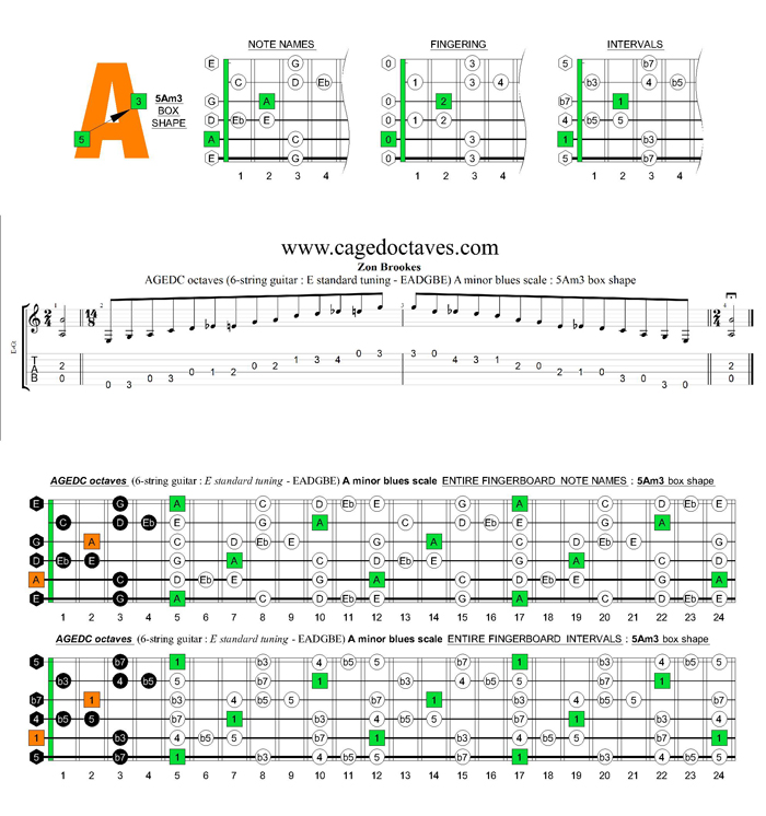 AGEDC octaves A minor blues scale : 5Am3 box shape
