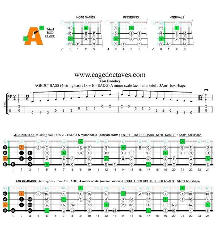 AGEDC4BASS (4-string bass : Low E) A minor scale (aeolian mode) : 3Am1 box shape