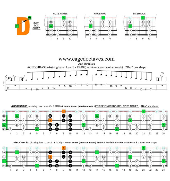 AGEDC4BASS (4-string bass : Low E) A minor scale (aeolian mode) : 2Dm* box shape