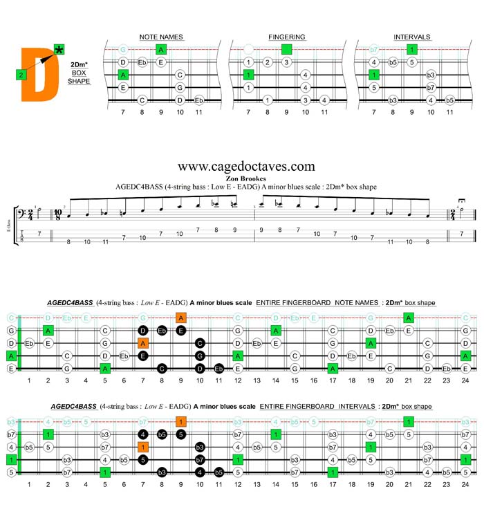 AGEDC4BASS (4-string bass : Low E) A minor blues scale : 2Dm* box shape