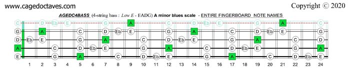 A minor blues scale : AGEDC4BASS fingerboard notes