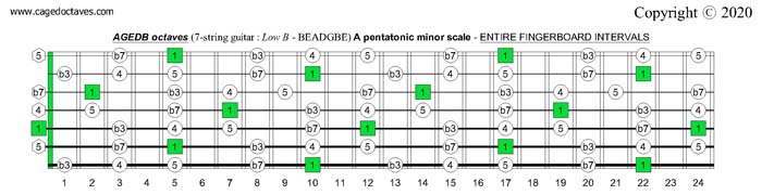 AGEDB octaves (7-string guitar): A pentatonic minor scale entire fretboard intervals