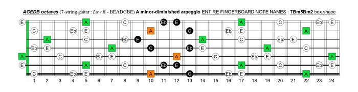 AGEDB octaves A minor-diminished arpeggio : 7Bm5Bm2 box shape