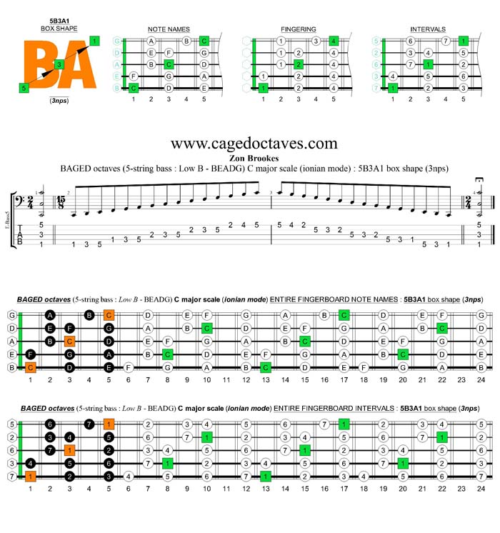 5-String Bass (Low B) C major scale (ionian mode) 3nps : 5B3A1 box shape